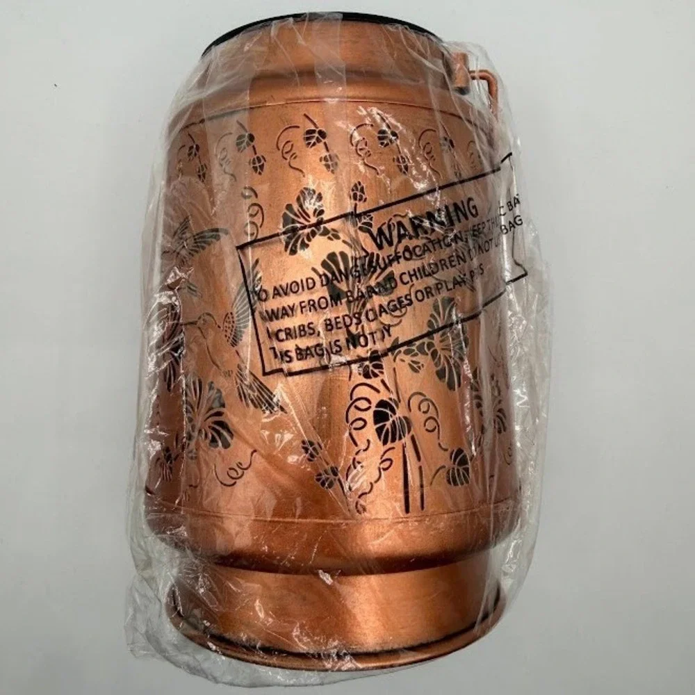 Copper Solar Lantern Hummingbird Floral Cutout Outdoor Garden Hanging Light